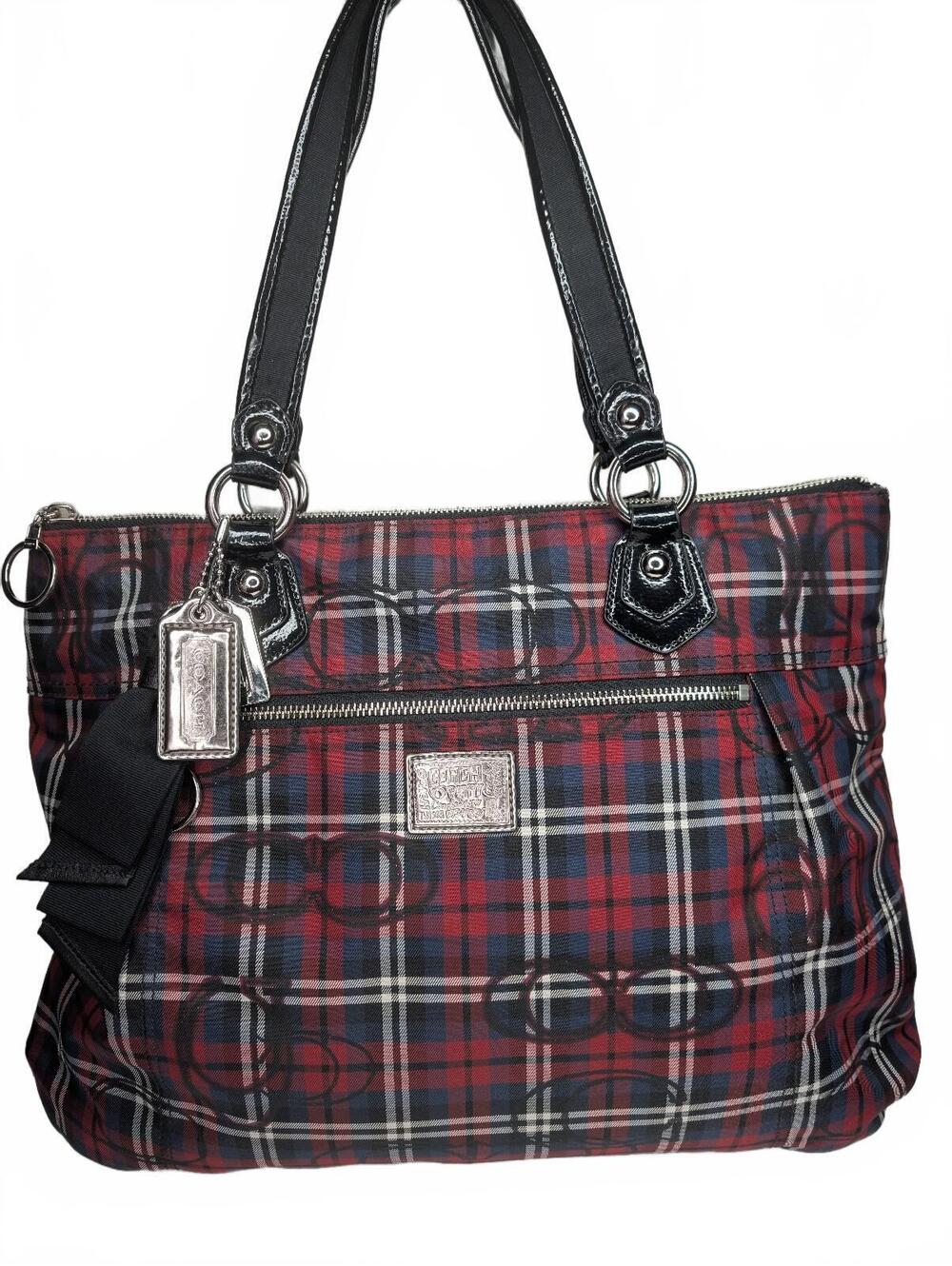 COACH Poppy Glam Tote Plaid Tartan Red Blue Shoulder Bag Vintage Y2K Graffiti